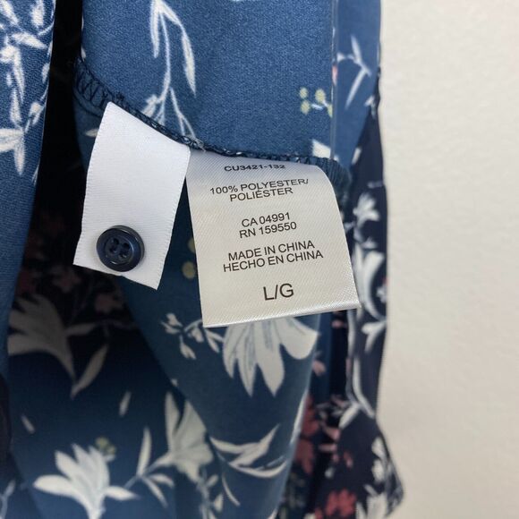 Hilary Radley Women's V-Neck Popover Top Size L Blue Floral Button Cuff - Picture 7 of 9